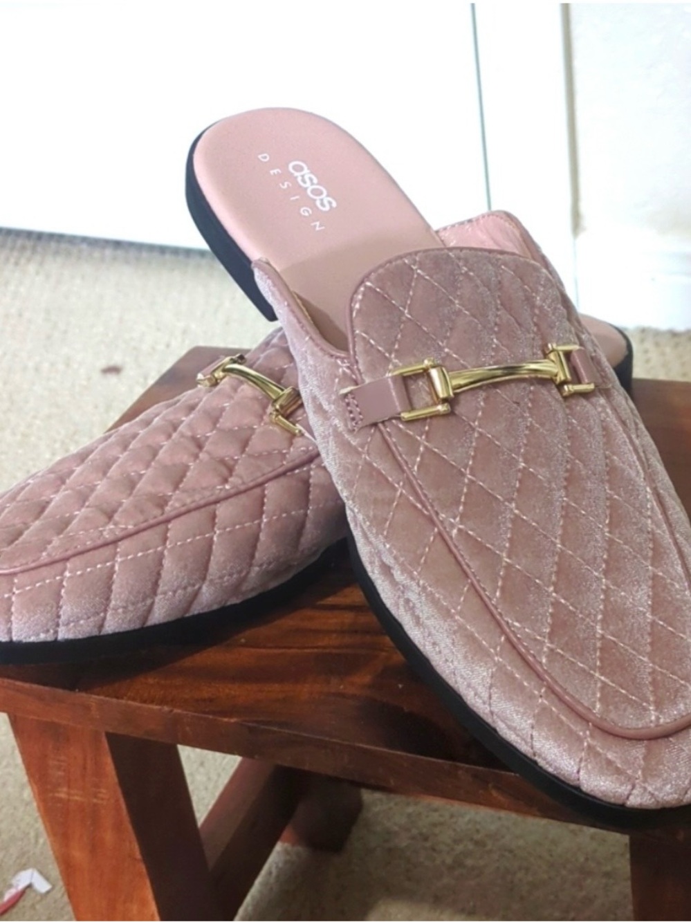 ASOS Quilted Pink Velvet Backless Loafers with Gold Horsebit